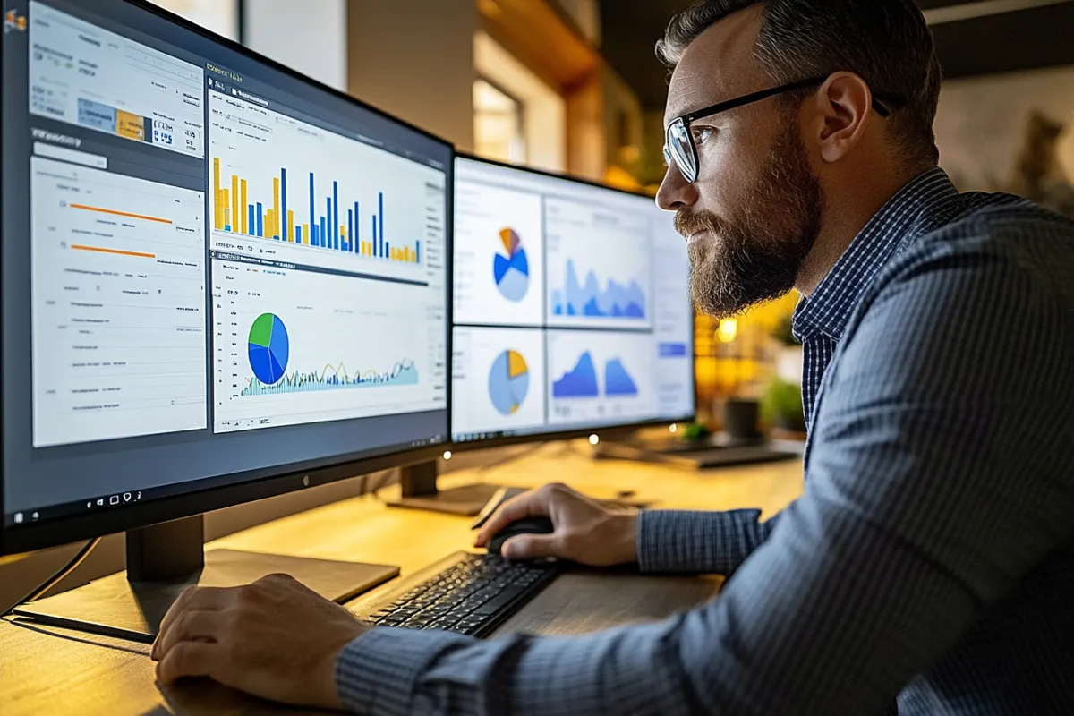 A digital marketing expert analyzing SEO and PPC campaign insights on multiple high-resolution monitors in a modern workspace. The screens display keyword rankings, conversion rates, and performance metrics, representing data-driven decision-making.